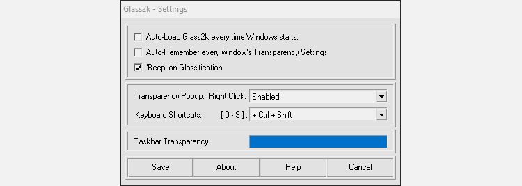 Панель управления Glass2k с настройками прозрачности