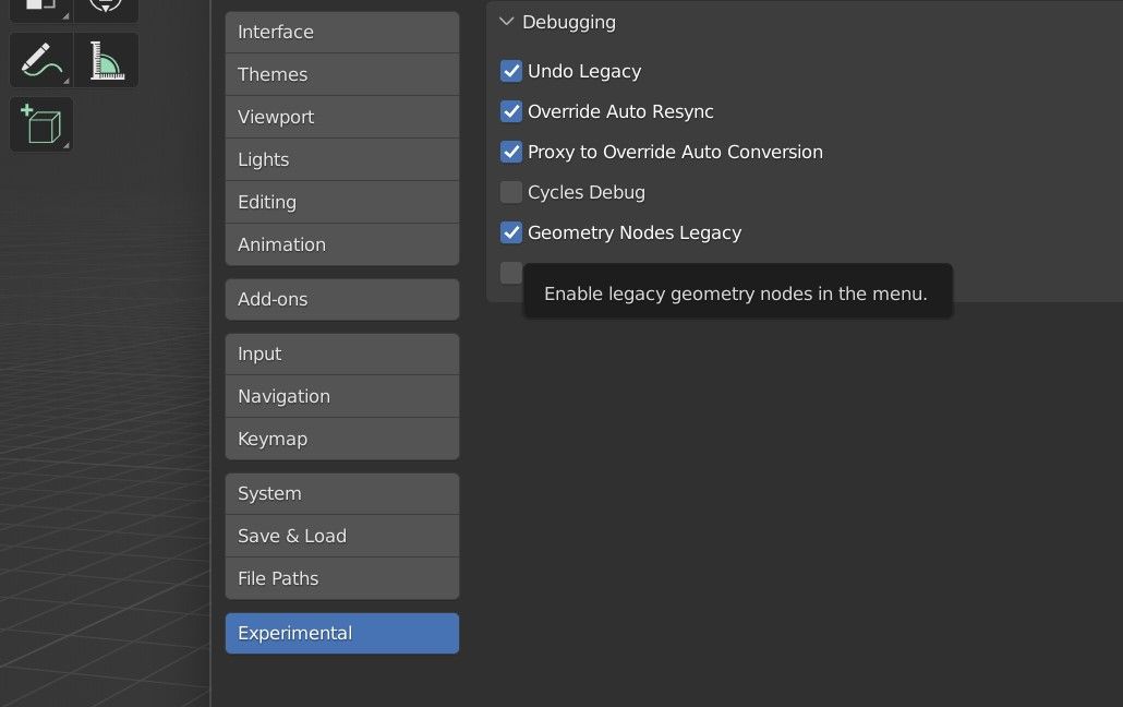 Включение Legacy узлов во вкладке Experimental.
