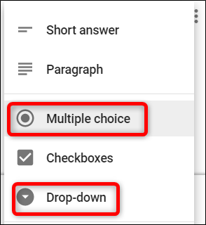 Примеры типов вопросов: Несколько вариантов и Выпадающий список