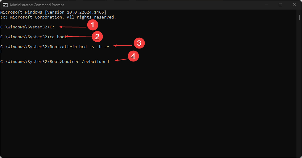 Выполнение команды bootrec /rebuildbcd в командной строке