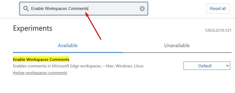 Поиск флага Enable Workspaces Comments на странице Edge Flags.