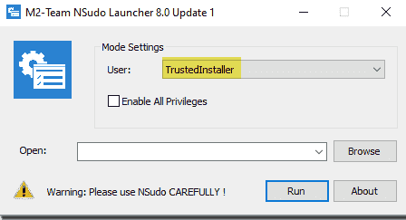 Окно NSudo с выбором запуска процесса как TrustedInstaller