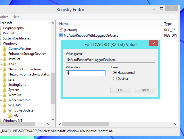 Установка значения 1 для NoAutoRebootWithLoggedOnUsers
