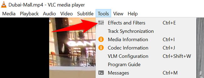 Пункт меню Tools → Effects and Filters в VLC.