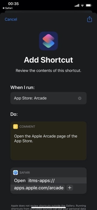 Кнопка 'Добавить ненадёжный ярлык' в приложении Shortcuts