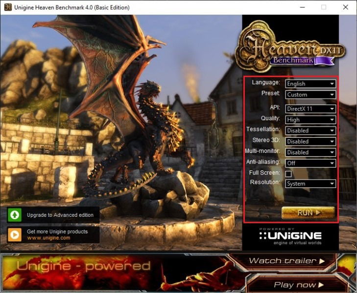 Кнопка RUN в Unigine Heaven для запуска бенчмарка