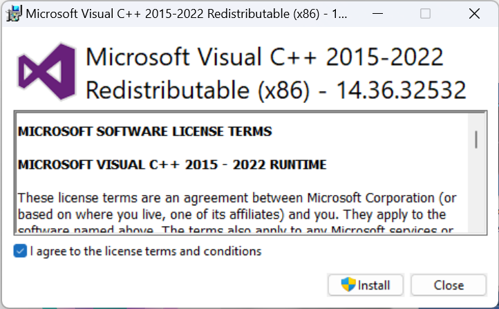 Установка пакета Visual C++ Redistributable