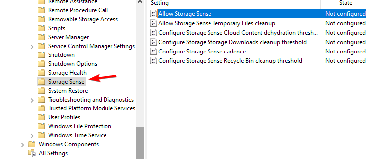 Путь к параметрам Storage Sense в редакторе групповой политики