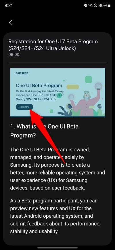 Изображение: экран регистрации в бета-программу One UI 7 в приложении Samsung Members