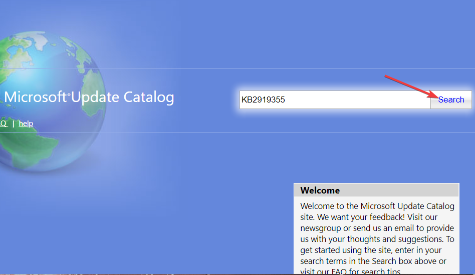 Кнопка поиска каталога обновлений Microsoft