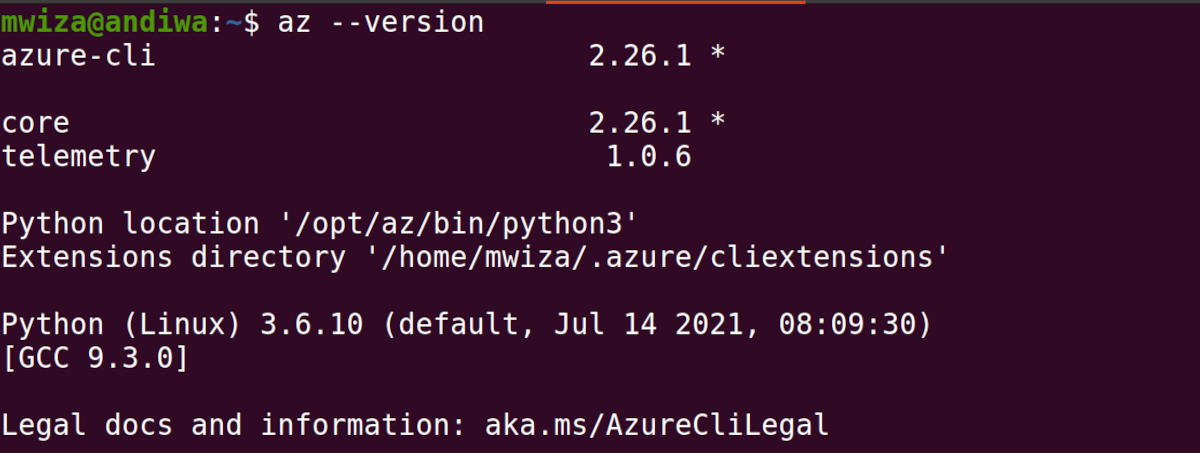 вывод команды az --version с информацией о версии и расширениях