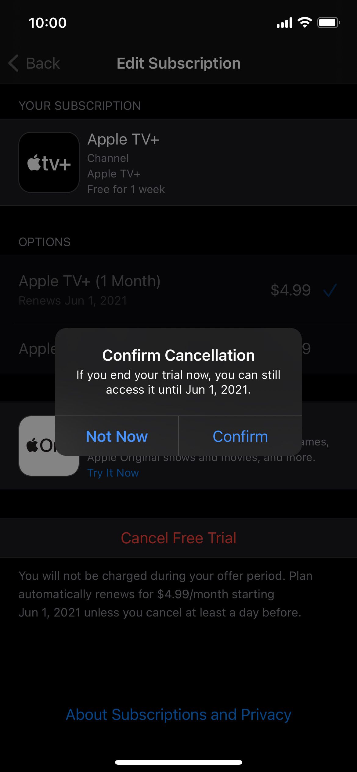 Подтверждение отмены Apple TV+ на iPhone — диалог подтверждения