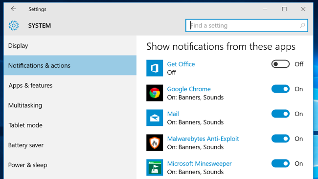 通知とアクション設定で「Get Office」をオフにする画面のスクリーンショット