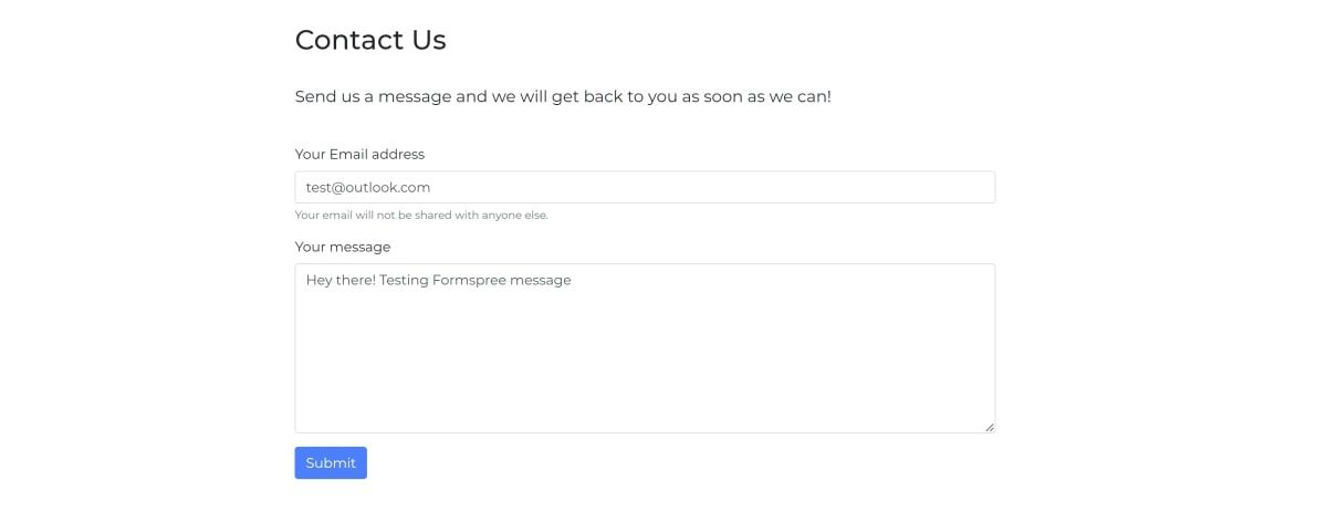 Контактная форма на сайте, готовая к отправке