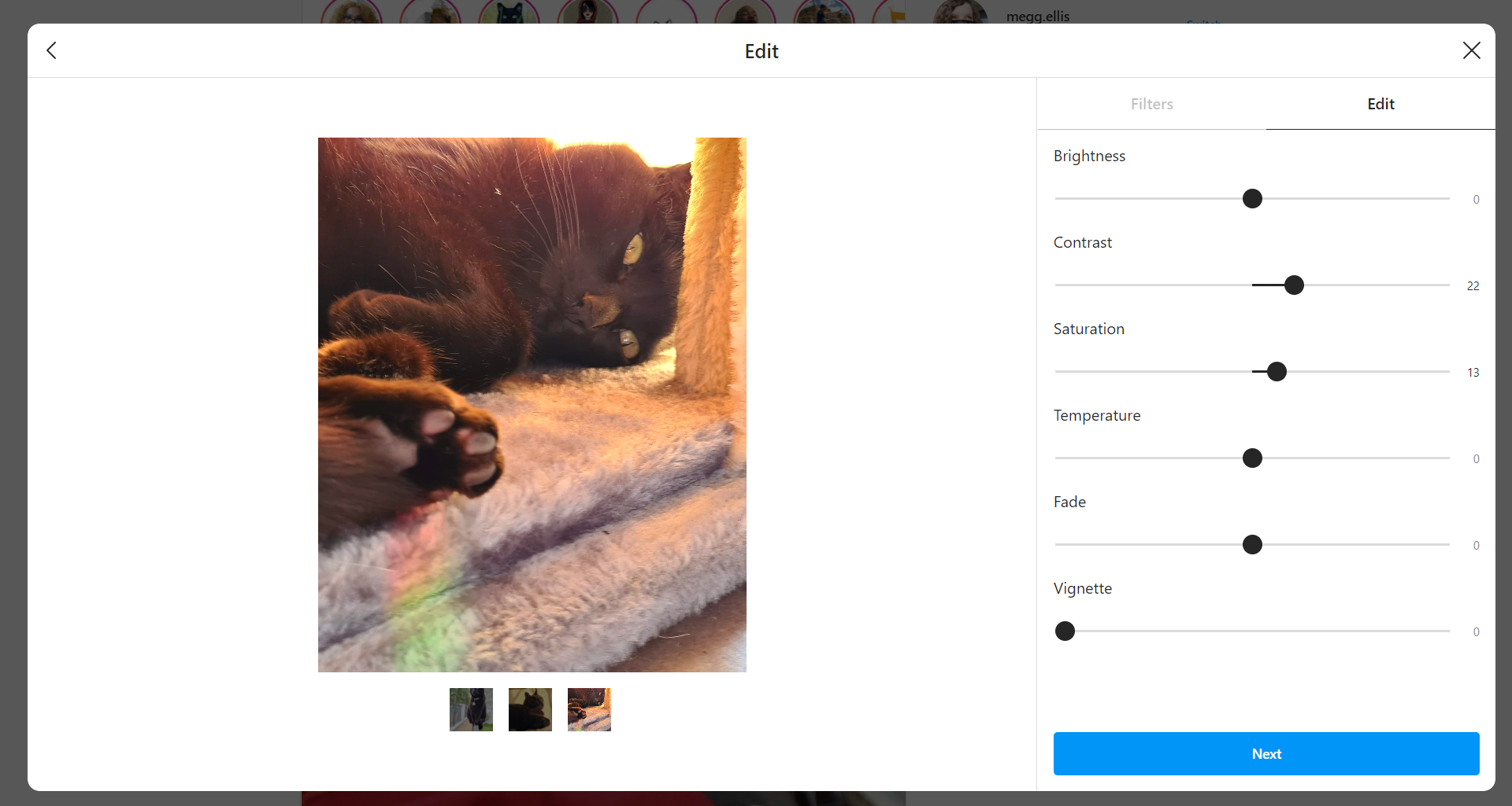 Экран редактирования изображения в веб‑версии Instagram