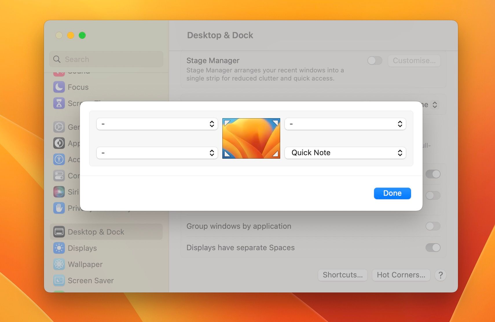Настройка горячих углов в Системных настройках: Рабочий стол и Dock