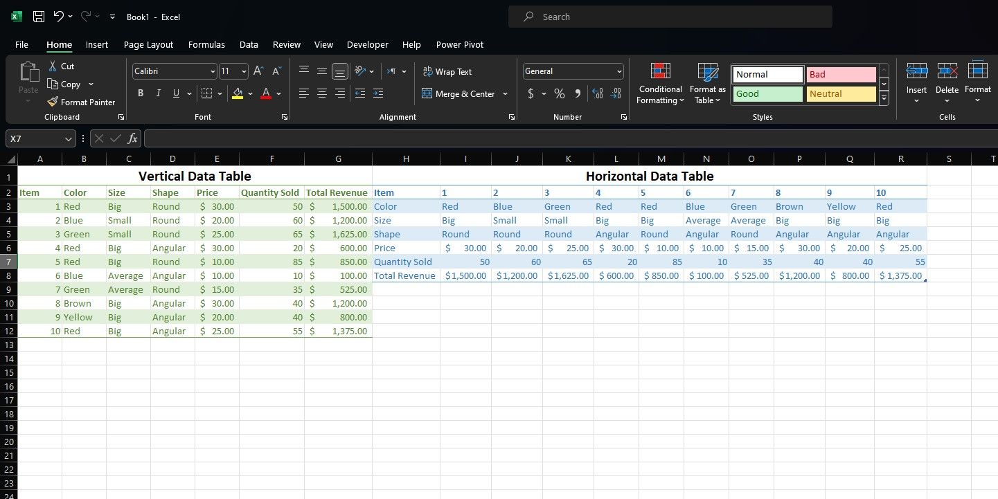 Вертикальная и горизонтальная таблицы данных в Excel