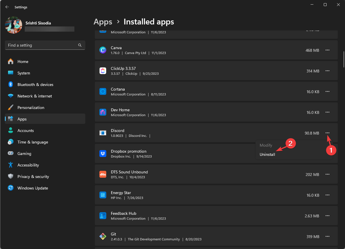 Кнопка удаления Discord в списке приложений