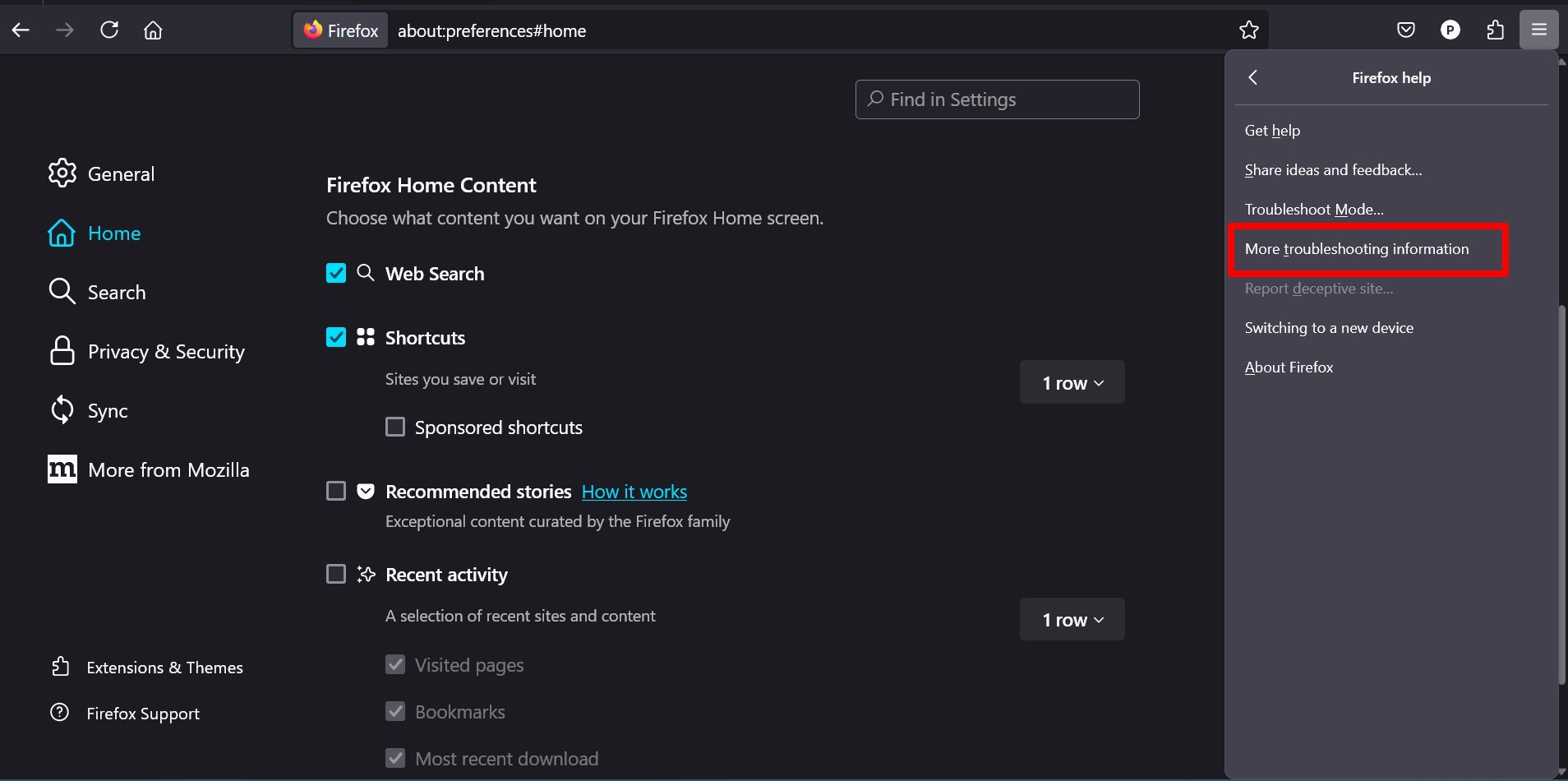 Pagina Informazioni di risoluzione problemi in Firefox