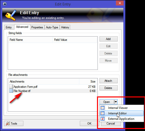 Редактор вложений RTF/TXT внутри KeePass