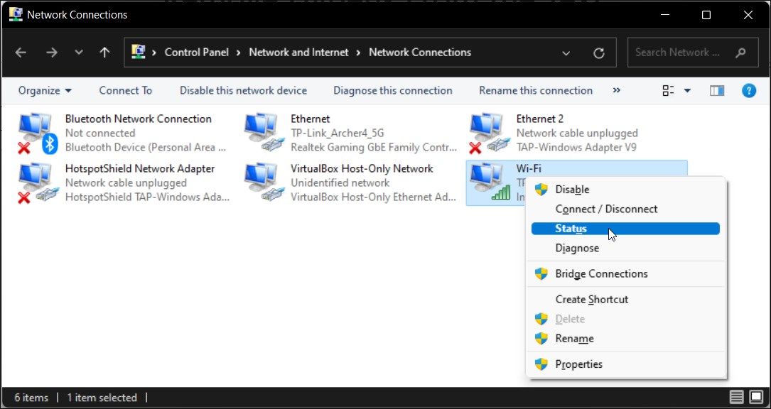 Окно состояния адаптера Wi‑Fi в Панели управления