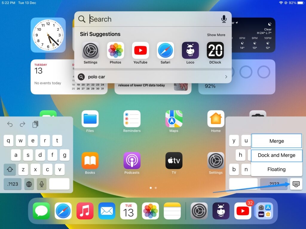 Удержание значка клавиатуры на iPad для меню