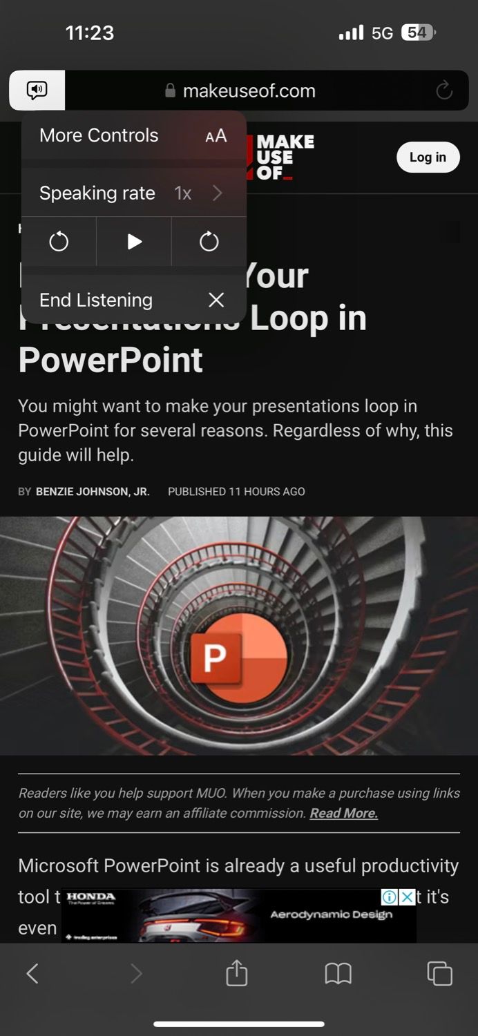 different Listening Controls available with the Listen to Page feature