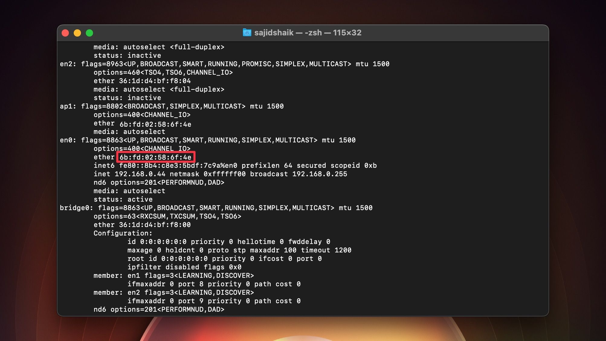 MAC address in Terminal on macOS