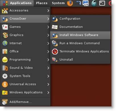 Меню установки Windows‑программ в CrossOver