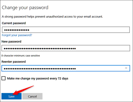 Форма сохранения нового пароля Outlook