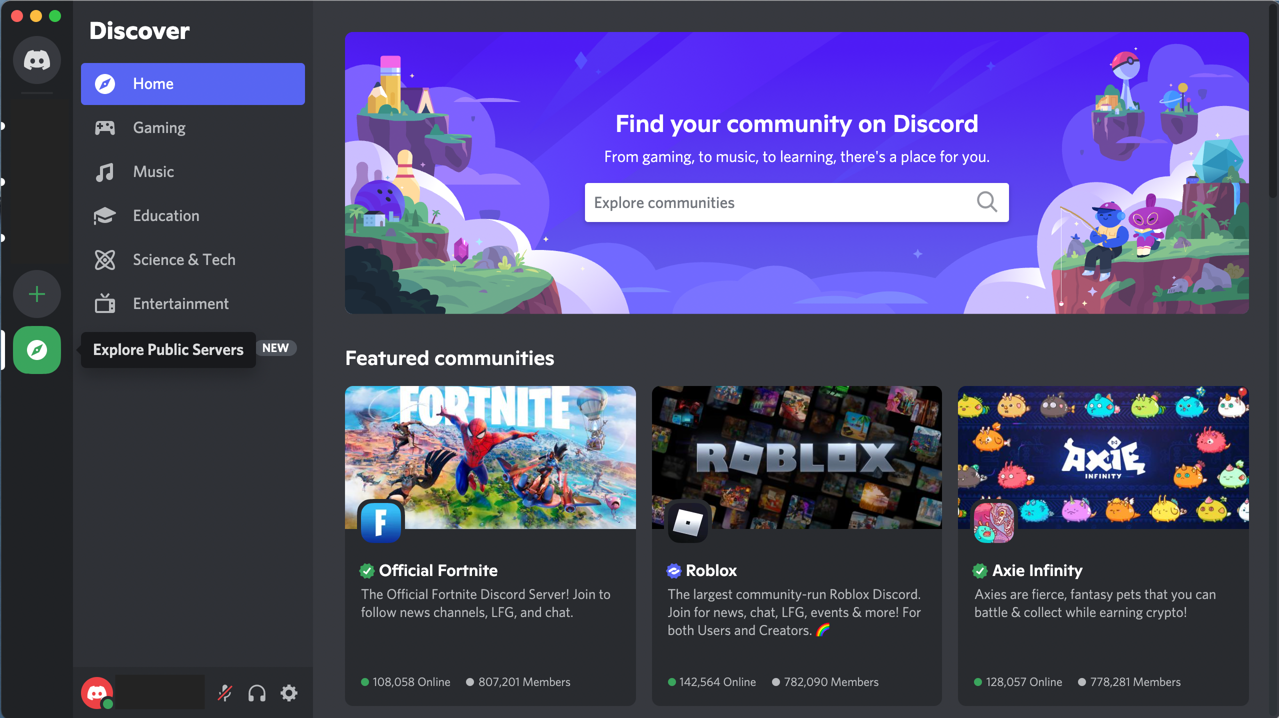 Раздел публичных серверов в Discord