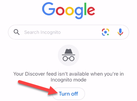 Нажмите кнопку «Выключить», чтобы выйти из режима Инкогнито.