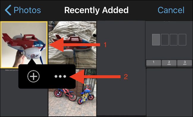 Выбор видео или фото и меню с троеточием