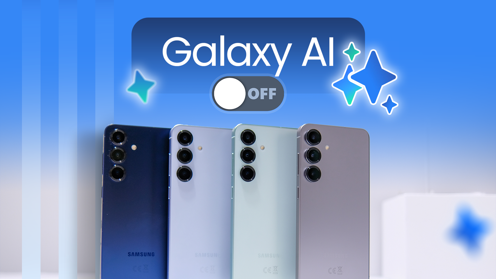 Иллюстрация с четырьмя телефонами Samsung Galaxy и большим переключателем Galaxy AI в положение «выключено».