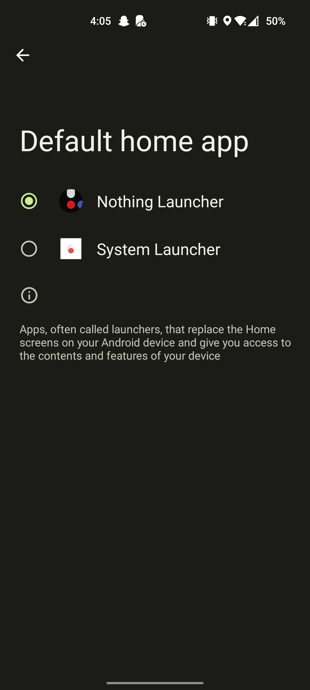Выбор Nothing Launcher в качестве домашнего приложения