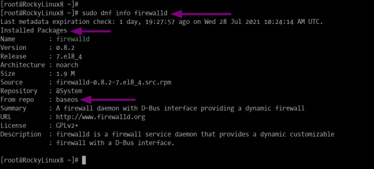 Вывод информации о пакете firewalld