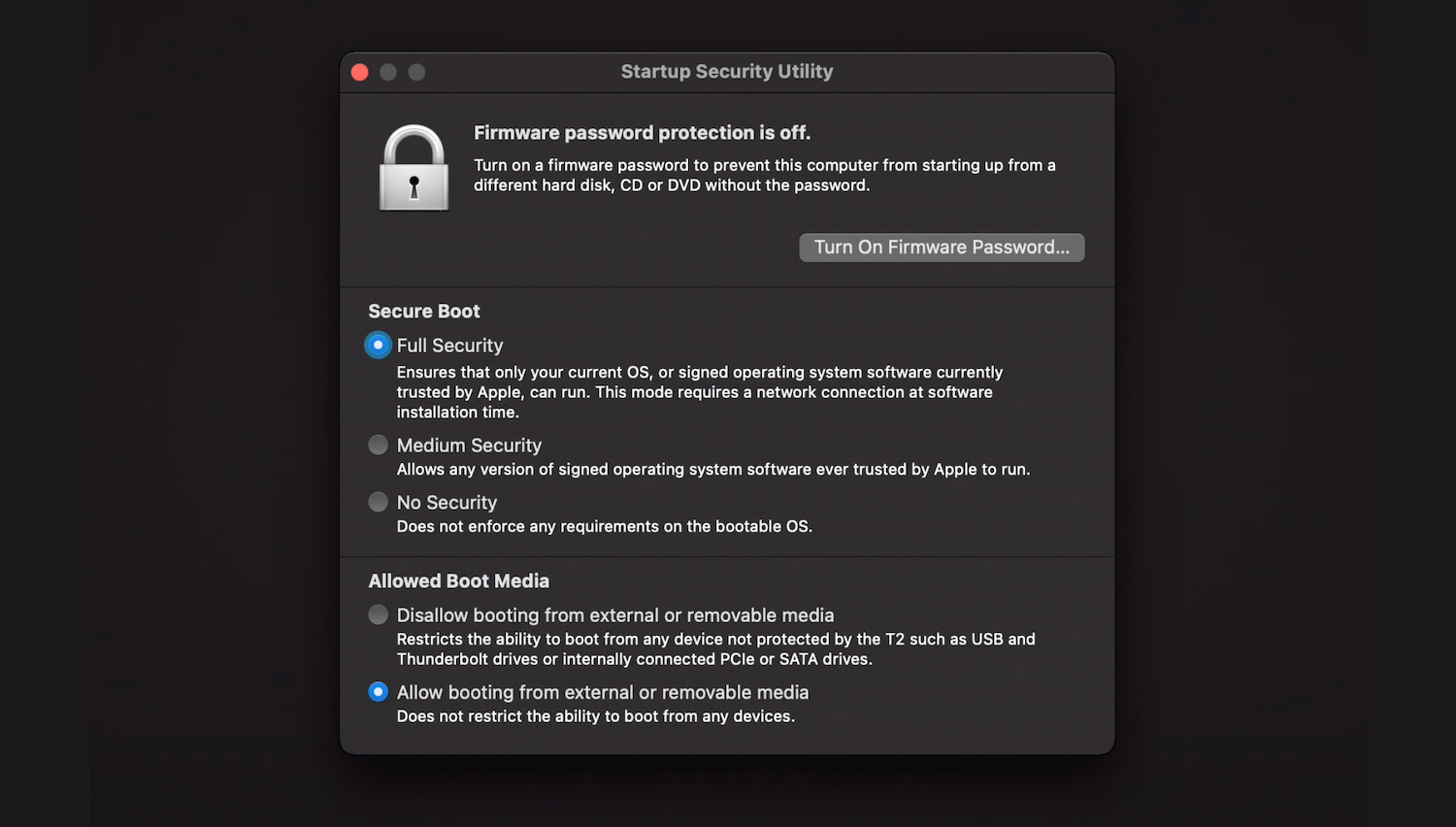 Окно утилиты Startup Security Utility в macOS