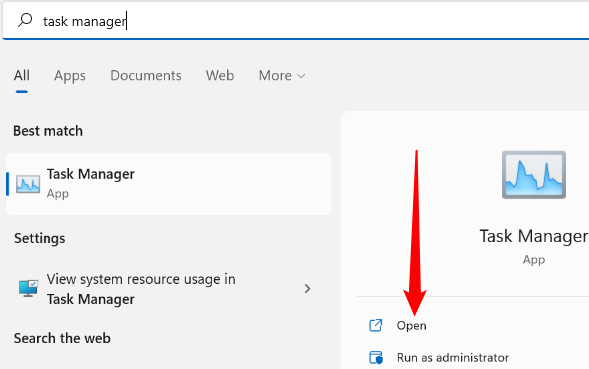 Выбор «Открыть» в меню для запуска Диспетчера задач.