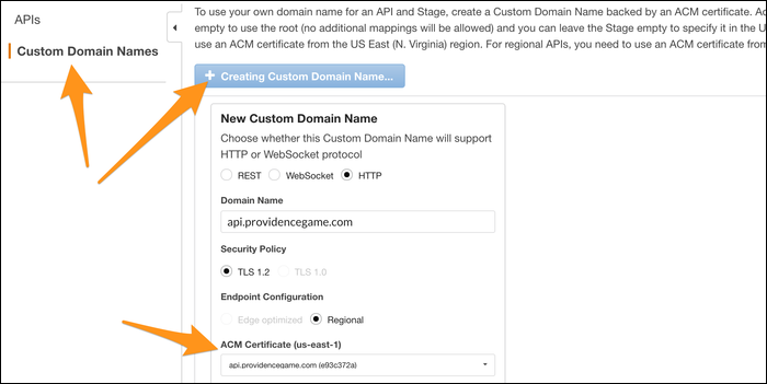 Создание пользовательского домена в консоли API Gateway и выбор сертификата