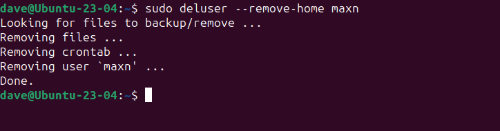Удаление пользователя с опцией --remove-home через deluser в Ubuntu