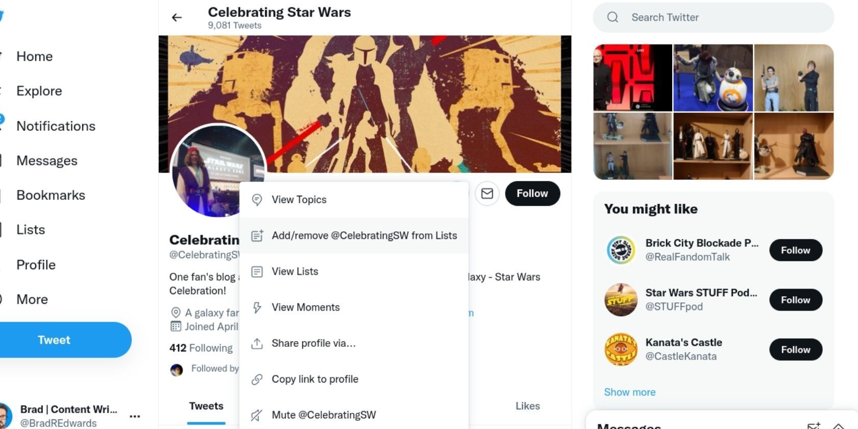 Профиль пользователя Twitter при добавлении в список.