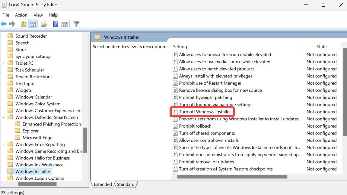Как отключить установщик Windows с помощью Редактора локальной групповой политики.