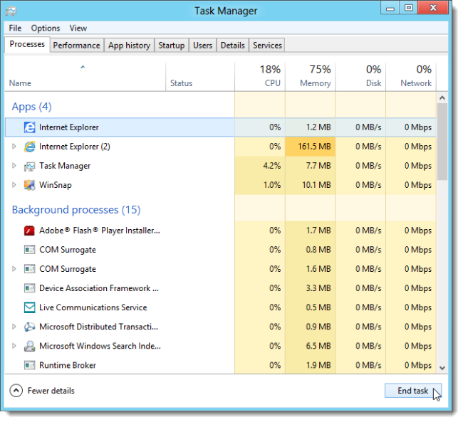 Скриншот Диспетчера задач с процессами Metro и настольной версии браузера