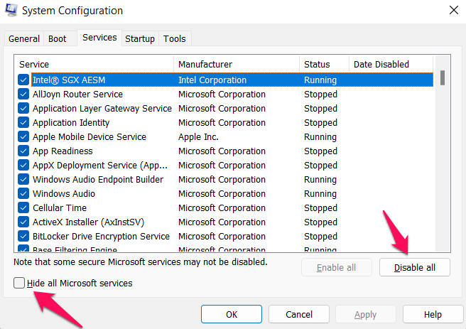 Отключение служб в msconfig