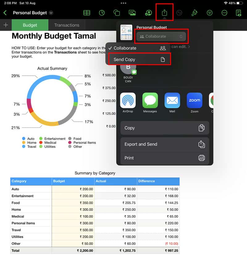 Меню 'Отправить копию' в Numbers на iPad