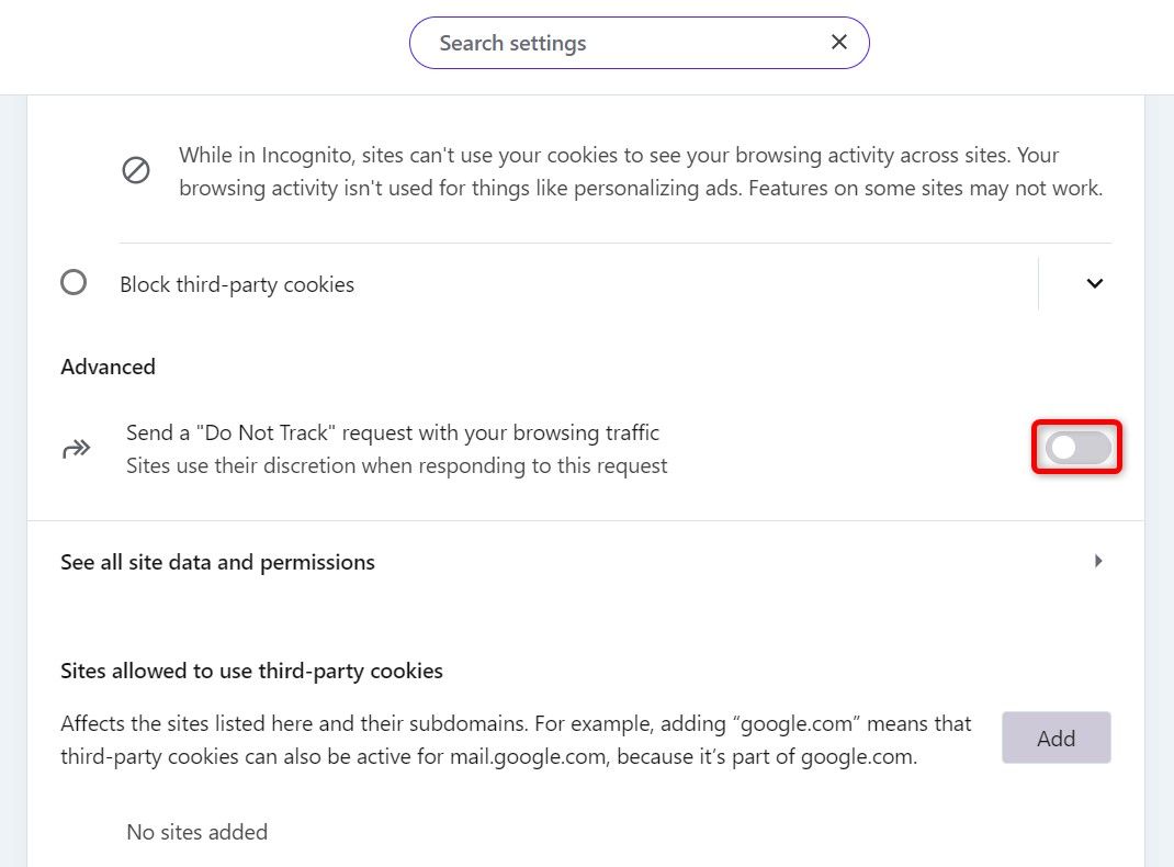 Переключатель Do Not Track в настройках Opera