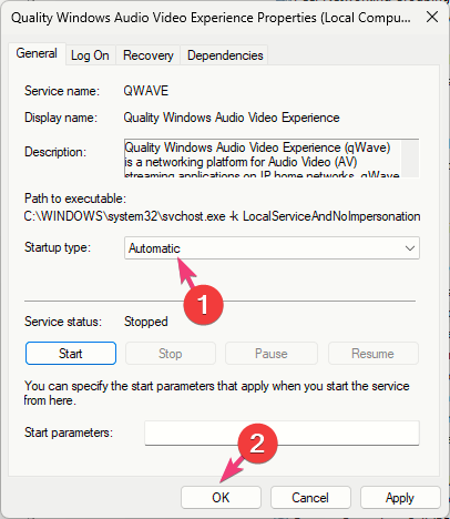 Выбор Автоматического типа запуска службы