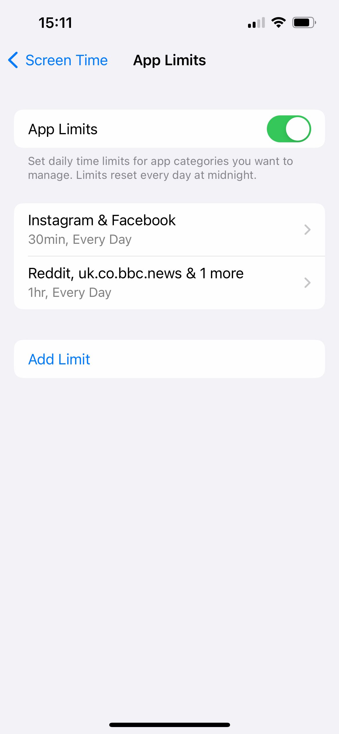 iPhone app limits including Reddit app.