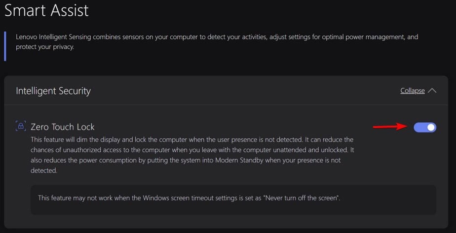 Скриншот: опция Zero Touch Lock отключена в Lenovo Vantage