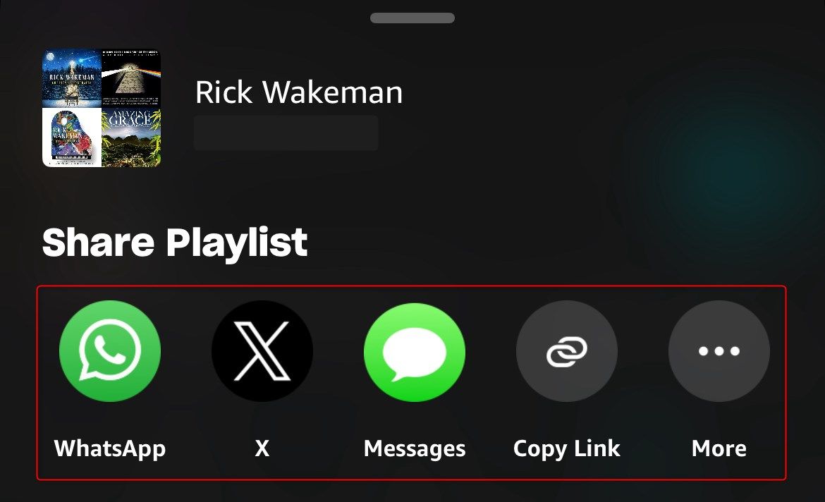 Варианты шаринга плейлиста в приложении Amazon Music на iOS.